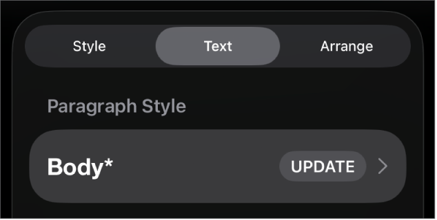 Style de paragraphe avec un astérisque affiché à côté et un bouton Mettre à jour à droite.