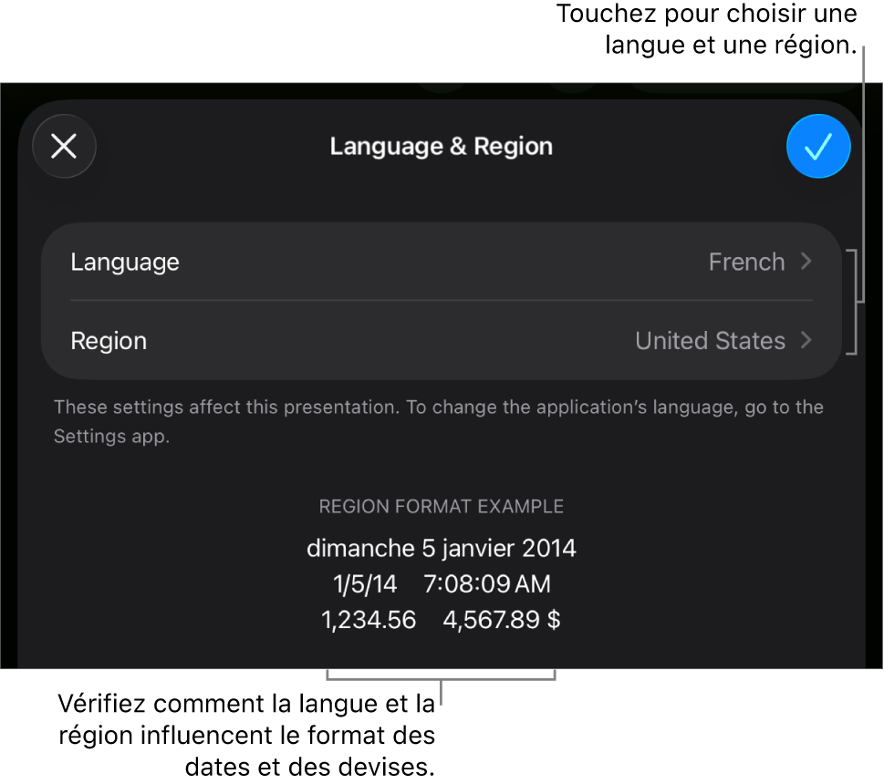 Sous-fenêtre Langue et région avec les commandes pour la langue et la région, et un exemple du format qui comprend la date, l’heure, les décimales et la devise.