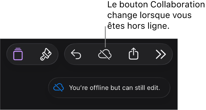 Les boutons en haut de l’écran, avec le bouton Collaboration qui se transforme en un nuage traversé par une ligne diagonale. Une alerte à l’écran indique « Vous êtes hors ligne, mais pouvez quand même apporter des modifications ».