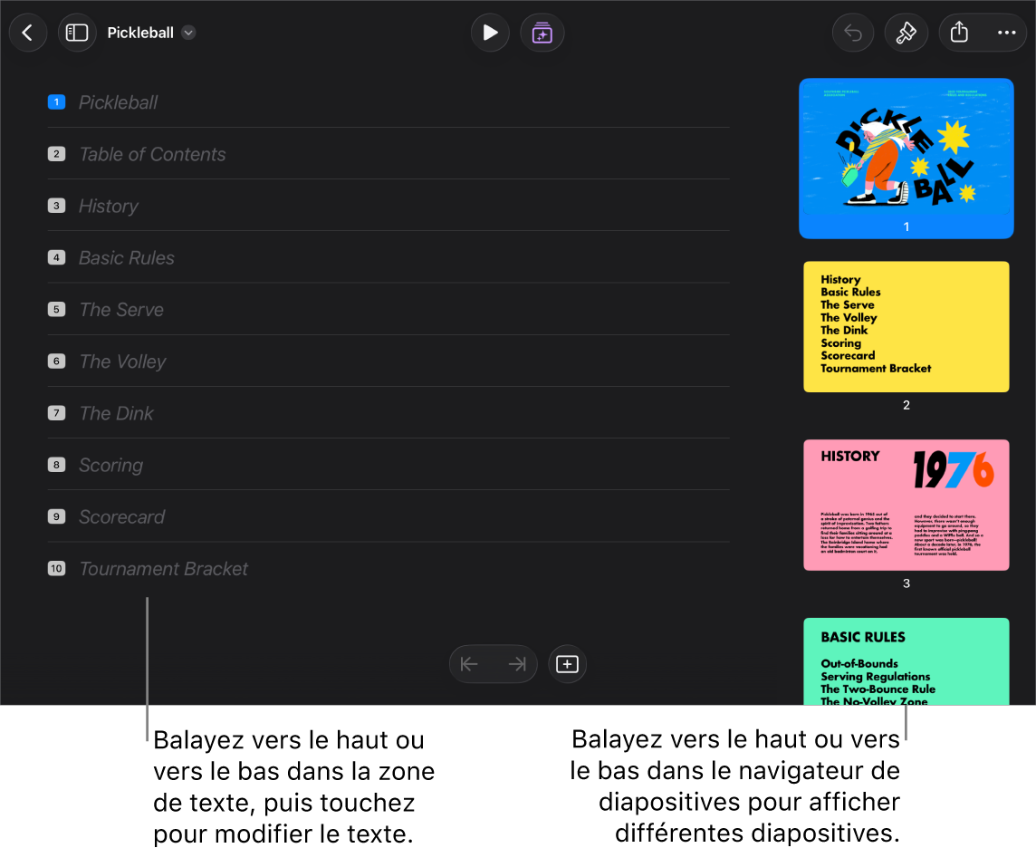 Mode Structure avec la structure en texte d’une présentation sur le côté gauche de l’écran et le navigateur de diapositives verticales du côté droit.