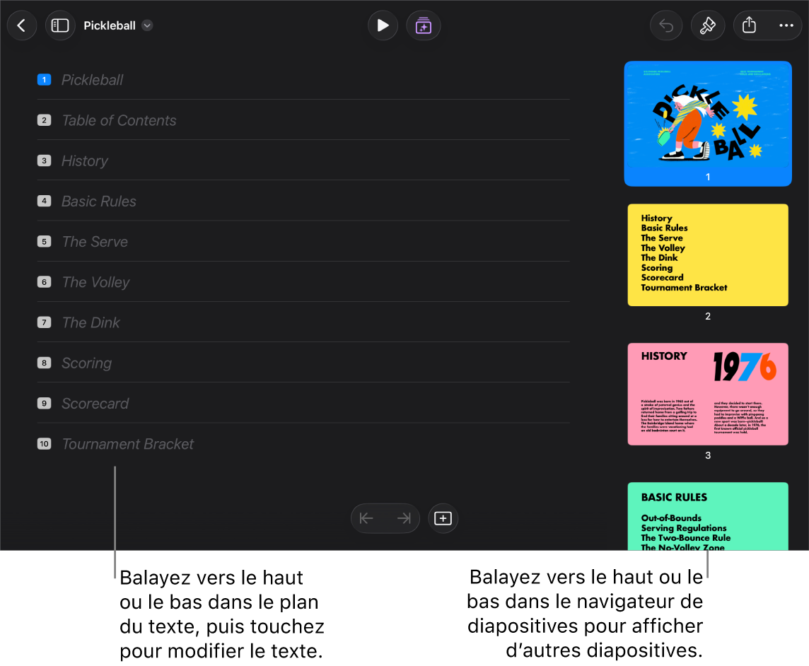 Le mode Structure avec la structure de texte d’une présentation sur le côté gauche de l’écran et le navigateur de diapositives vertical sur le côté droit.