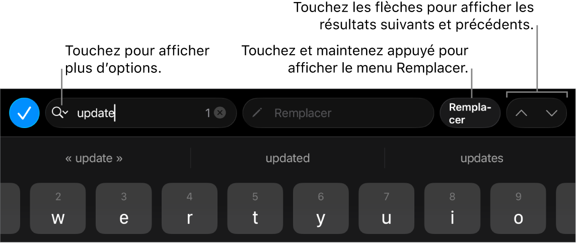 Les commandes « Rechercher et remplacer » au-dessus du clavier avec des légendes pour les boutons « Options de recherche », Remplacer, Monter et Descendre.