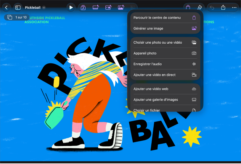 L’app Keynote en présentation Diapositive uniquement avec le menu Données multimédias ouvert dans la barre d’outils.