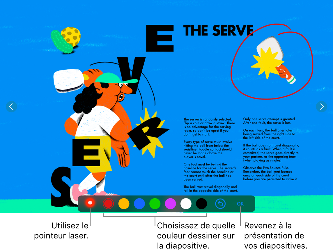 Une diapositive en mode d’illustration de diapositive affichant le pointeur laser et les commandes de sélection de couleur.