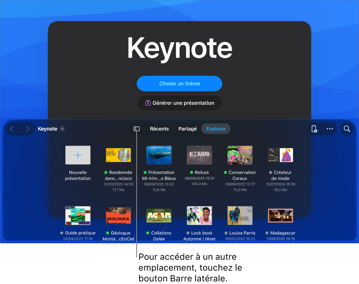 La présentation de navigation du gestionnaire de documents avec le bouton Barre latérale dans le coin supérieur gauche. En haut à droite se trouvent le bouton Ajouter, le bouton Nouveau dossier, le bouton Icônes (pour trier par nom, par date, par taille ou par tag), le bouton Sélectionner et le bouton Rechercher. En dessous de ces éléments se trouvent les vignettes des présentations existantes.