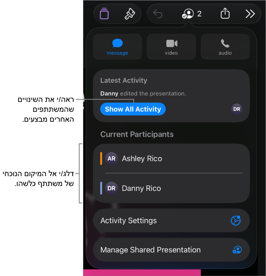 תפריט ״שיתוף פעולה״ שרואים בו משתתפים פעילים כעת.