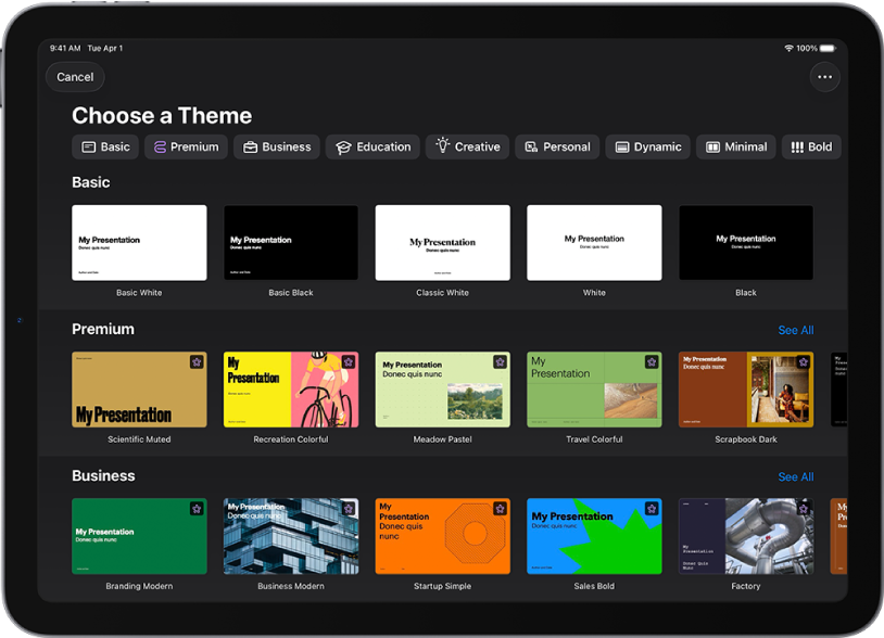 בורר ערכות הנושא, מציג שורה של קטגוריות לאורך החלק העליון, שעליהן אפשר להקיש כדי לסנן אפשרויות. מתחת, נמצאות התמונות הממוזערות של ערכות הנושא המוכנות, מאורגנות בשורות לפי קטגוריה.