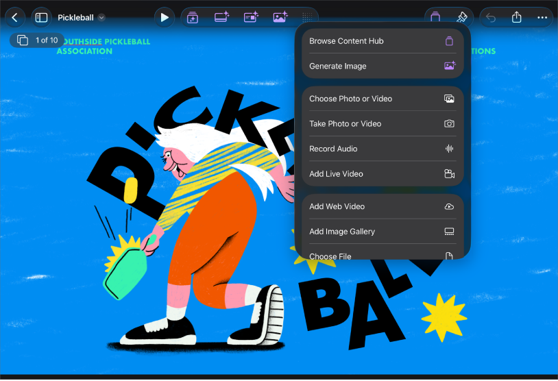 Aplikacija Keynote u prikazu Samo slajd s izbornikom Mediji otvorenim iz alatne trake.