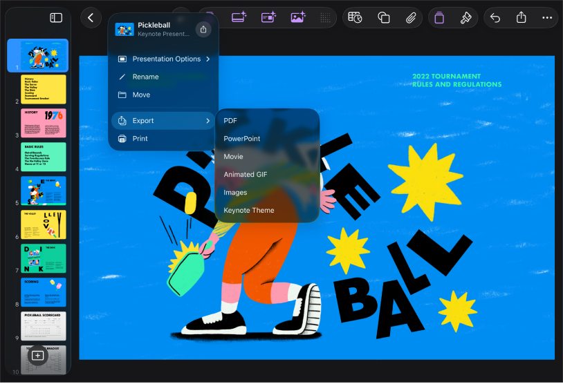 Aplikacija Keynote s opcijama Eksportiranja otvorenim u Izborniku postupaka u alatnoj traci.