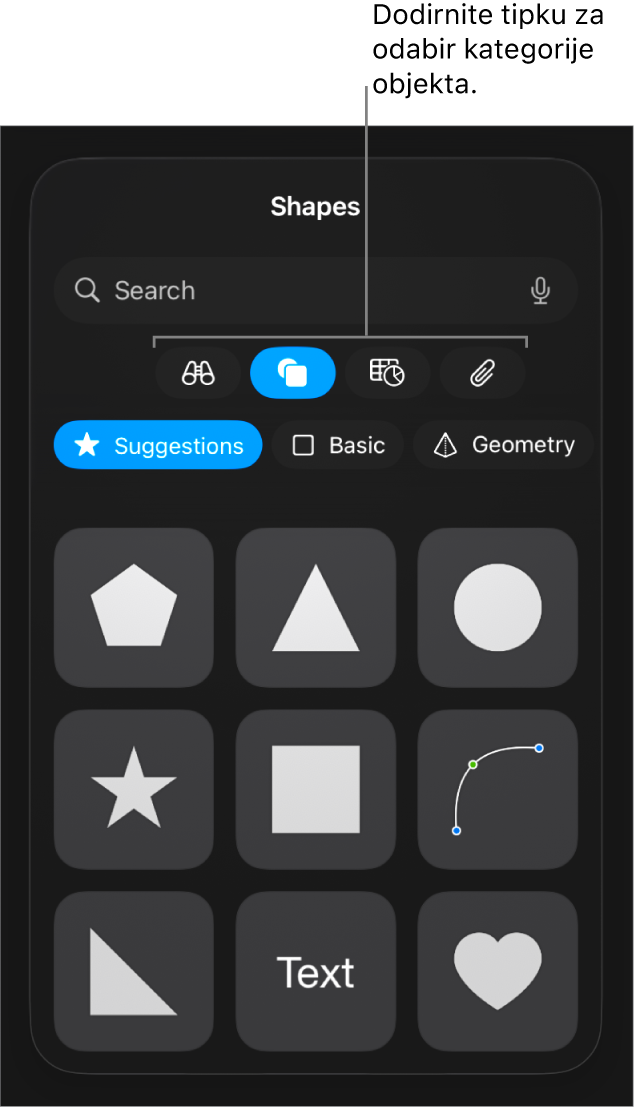 Kontrole za dodavanje objekta, s tipkama na vrhu za odabir tablica, grafikona, oblika (uključujući linije i tekstualne okvire) i medija.