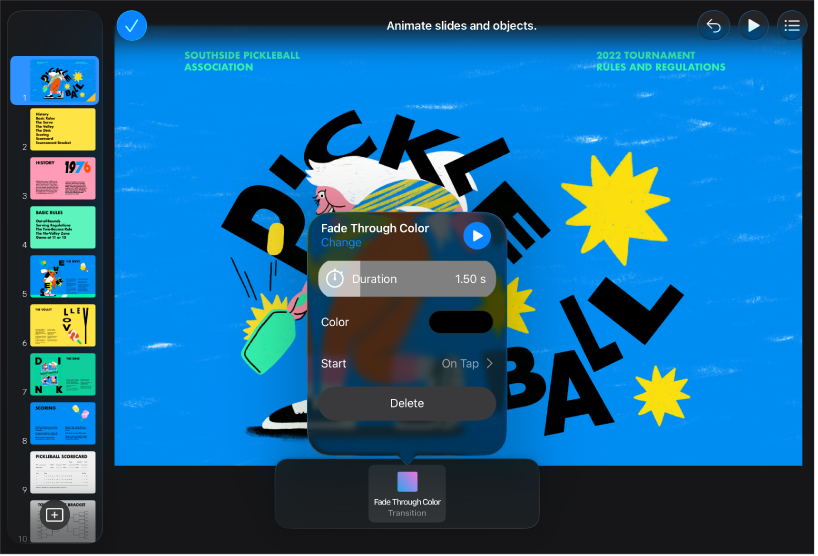 Aplikacija Keynote u s kontrolama za Prijelaz pri dnu zaslona.