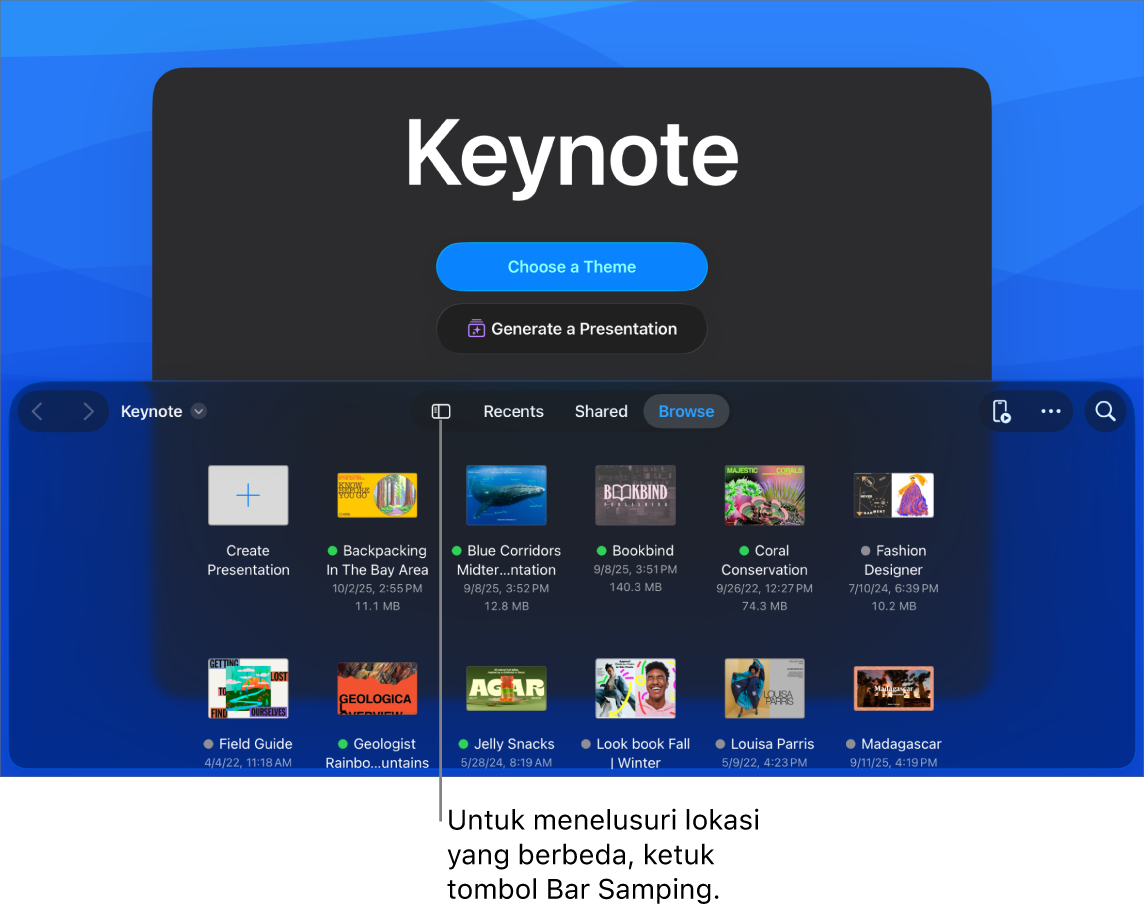 Tampilan telusuri pengelola dokumen dengan tombol Bar Samping di pojok kiri atas. Di kanan atas terdapat tombol Tambah, tombol Folder Baru, tombol Ikon (untuk mengurutkan menurut nama, tanggal, ukuran, atau label), tombol Pilih, dan tombol Cari. Di bawah ini terdapat gambar mini dari presentasi yang ada.