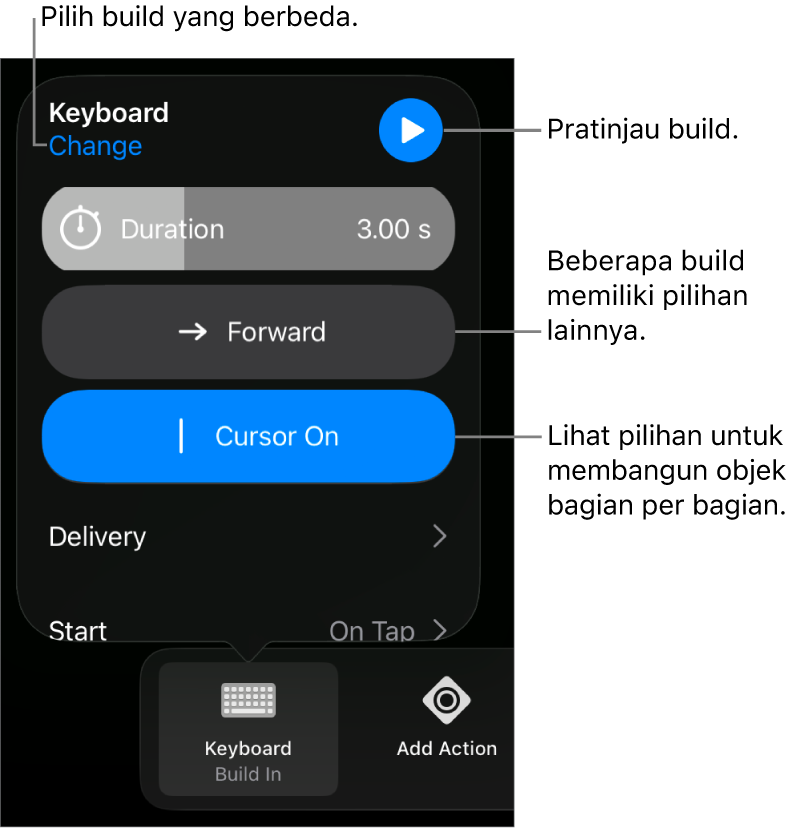 Pilihan build termasuk Durasi, Pengiriman, dan Mulai waktu. Ketuk Ubah untuk memilih build berbeda, atau ketuk Pratinjau untuk mempratinjau build.