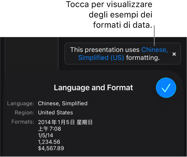 La notifica della diversa impostazione di lingua e zona, con esempi dei formati.