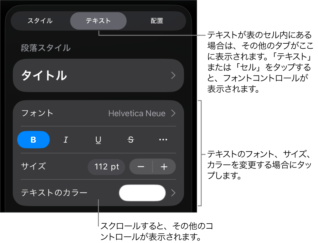 「フォーマット」メニューの、段落と文字のスタイル、フォント、サイズ、色を設定するためのテキストコントロール。