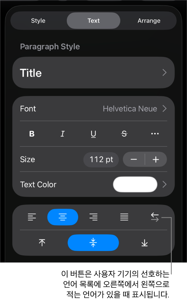 왼쪽에서 오른쪽으로 버튼에 대한 설명이 있는 포맷 메뉴의 텍스트 제어기.