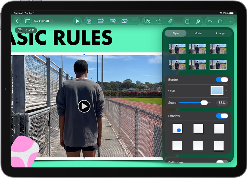 Kawalan Format untuk menukar saiz dan penampilan video yang dipilih. Butang Gaya, Filem dan Susun terletak merentas bahagian atas kawalan.
