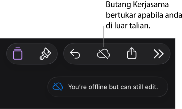 Butang di bahagian atas skrin, dengan butang Kerjasama bertukar menjadi awan dengan garis pepenjuru merentasinya. Isyarat pada skrin menyatakan “Anda di luar talian tetapi masih boleh mengedit”.