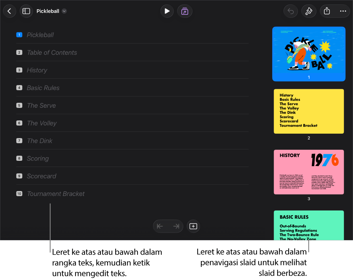 Paparan rangka dengan rangka teks di sebelah kiri skrin dan penavigasi slaid menegak di sebelah kanan.