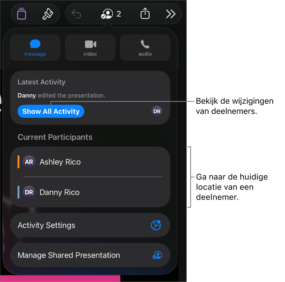 Het samenwerkingsmenu met daarin de namen van huidige deelnemers.