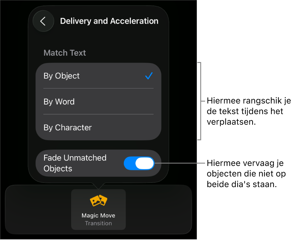 Opties voor de uitvoering en versnelling van 'Magisch verplaatsen' in het paneel 'Versnelling'.
