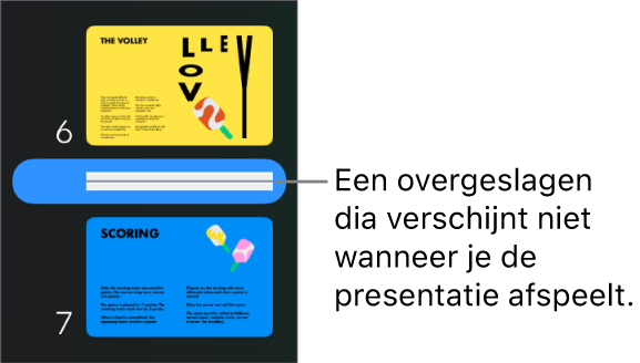 Het dianavigatiepaneel met een overgeslagen dia als horizontale lijn.