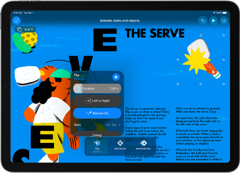 Animatieregelaars voor de afbeelding die op de dia geselecteerd is. Onder in het scherm staan regelaars voor het effect 'Animatie in' dat wordt gebruikt.
