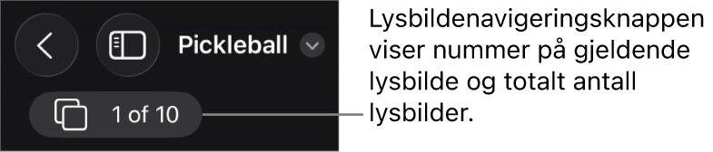 Lysbildenavigering-knappen, som viser gjeldende lysbildenummer og totalt antall lysbilder i presentasjonen.
