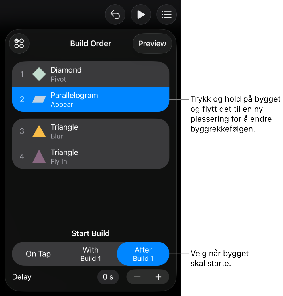 Byggrekkefølge-listen, som viser Bygg inn-effekter med gule merker og Bygg ut-effekter med grå merker.