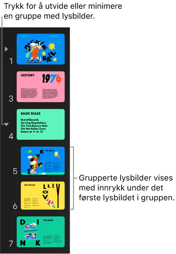 Lysbildenavigeringen, som viser innrykkede lysbilder.