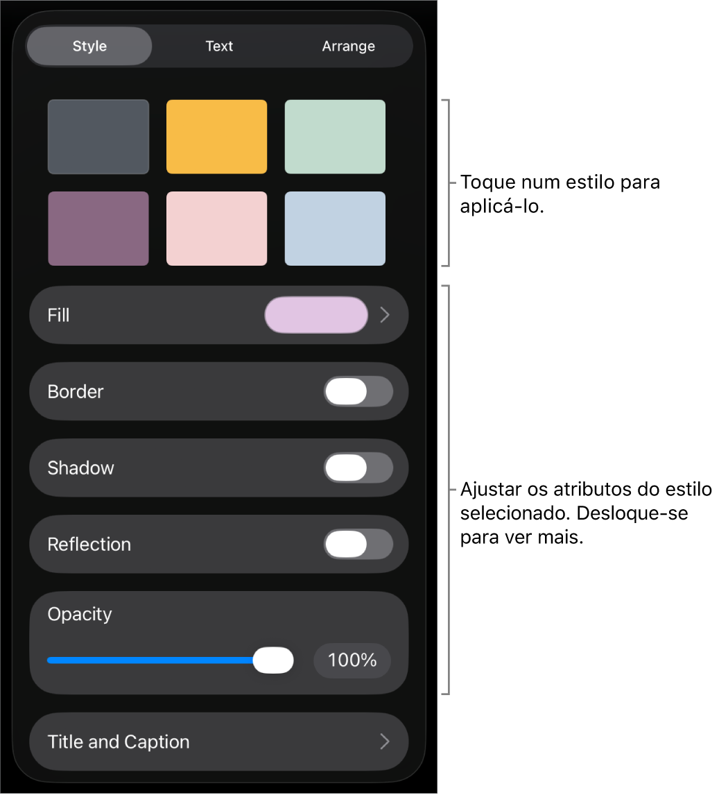 O separador "Estilo” do menu "Formatação” com estilos de objeto na parte superior e controlos por baixo para alterar a borda, sombreado, reflexo e opacidade.