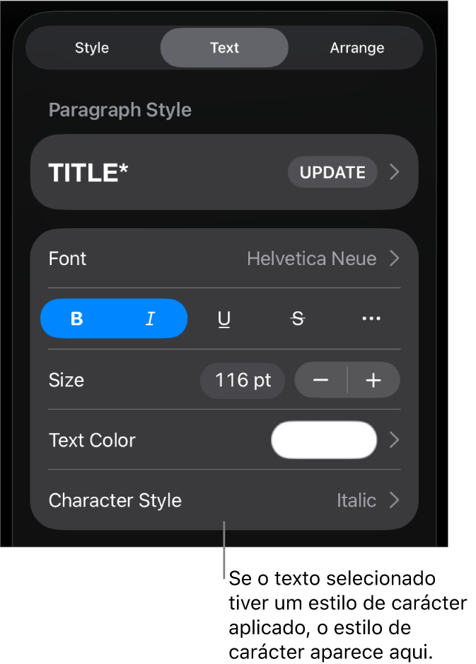 Os controlos de formatação de “Texto” com o “Estilo de carácter” por baixo dos controlos de cor. O estilo de carácter “Nenhum” aparece com um asterisco.