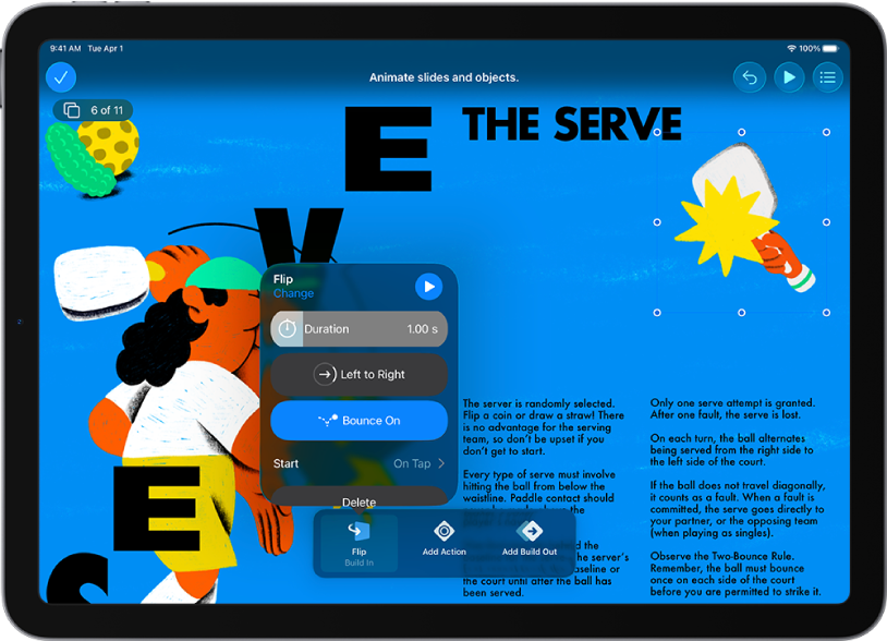 Controlos de animação da imagem selecionada no diapositivo. Na parte inferior do ecrã encontram-se os controlos para o efeito “Entrada” a ser usado.