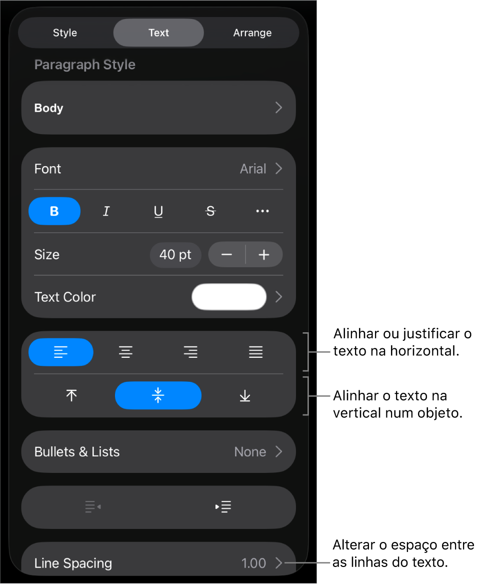 O painel “Disposição” com chamadas para os botões de alinhamento e espaçamento de texto.