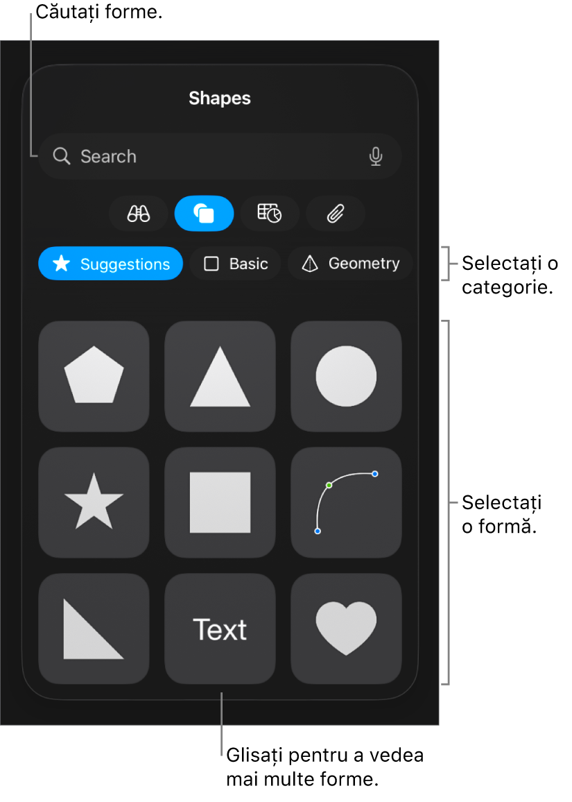 Biblioteca de forme, cu categoriile în partea de sus și formele afișate dedesubt. Puteți să utilizați câmpul de căutare din partea de sus pentru a găsi forme și să glisați pentru a vedea mai multe.
