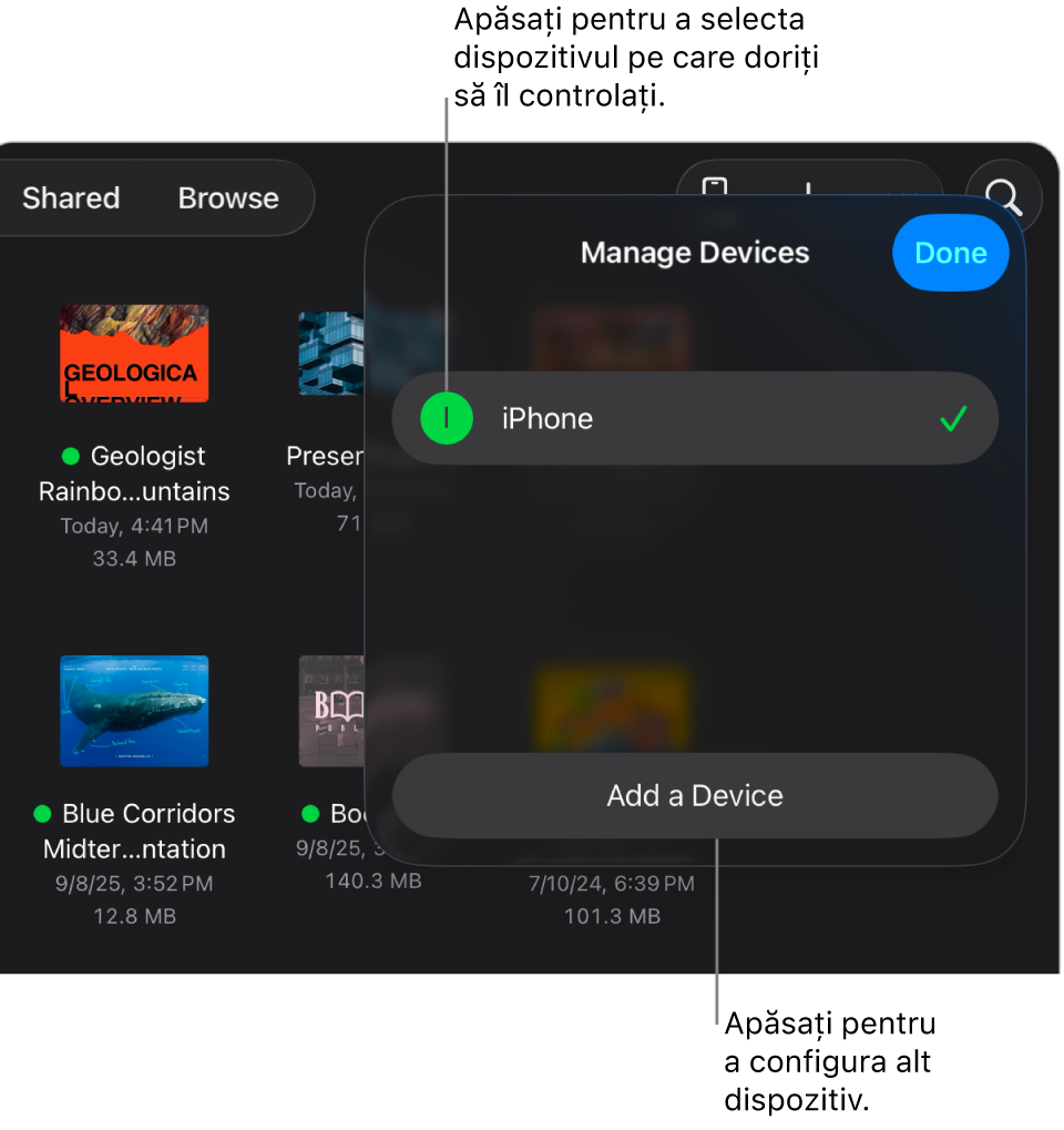 Pop‑overul Gestionare dispozitive afișând linkul de adăugare a unui dispozitiv.