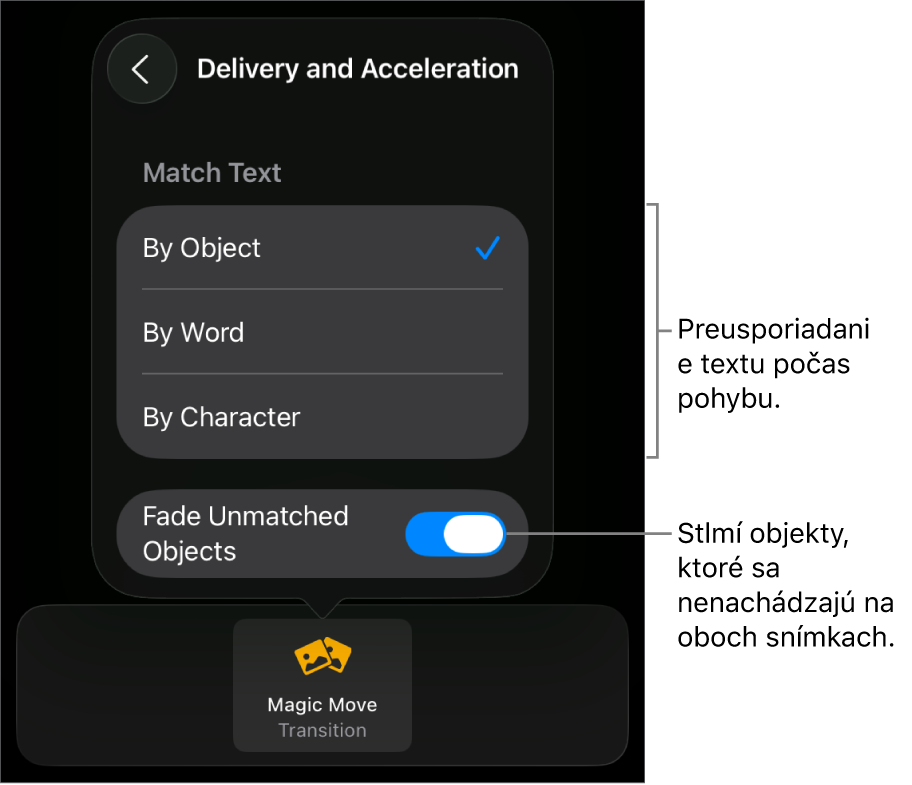Možnosti doručenia a zrýchlenia pre Čarovný presun v paneli Zrýchlenie.