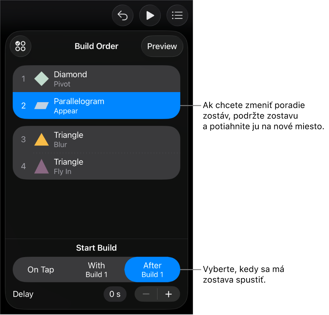 Zoznam Poradie zostavovania so zobrazením začiatočných efektov so žltými odznakmi a koncových efektov so sivými odznakmi.