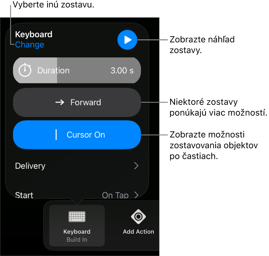 Možnosti zostavy zahŕňajú trvanie, doručenie a časovanie začiatku. Ak chcete vybrať inú zostavu, klepnite na Zmeniť. Klepnutím na Náhľad zobrazíte náhľad zostavy.