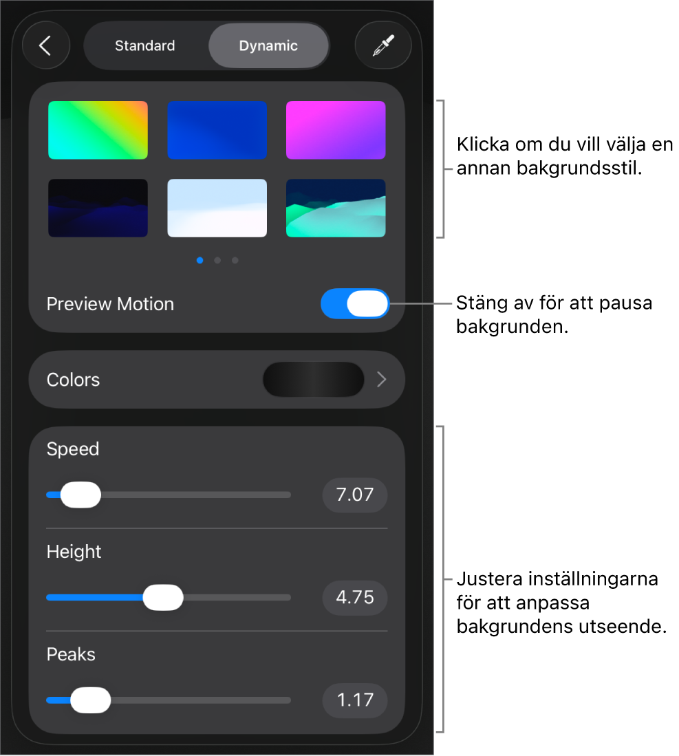 Reglagen för dynamiska bakgrunder med miniatyrer för bakgrundsstilar och knappen Förhandsvisa rörelse och reglage för anpassning synliga.