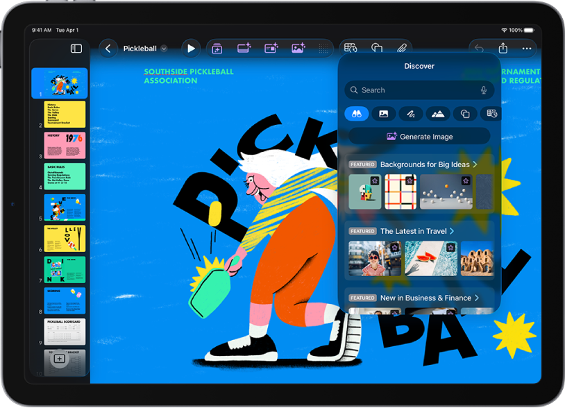 Görüntü oluşturma veya slayta özel görüntüler ekleme seçeneklerini gösteren İçerik Merkezi’nin Keşfet kategorisi.