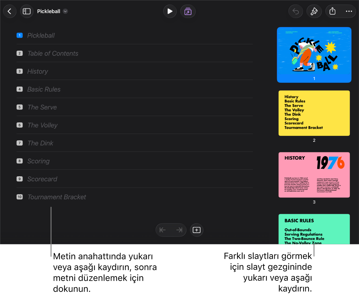 Ekranın sol tarafında sununun metin anahattı ve sağ tarafta düşey slayt gezgini ile anahat görüntüsü.