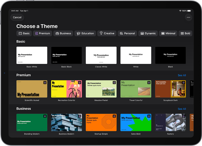 Üst taraf boyunca seçenekleri filtrelemek için dokunabileceğiniz kategori satırını gösteren tema seçici. Aşağıda, kategorilere göre satırlar halinde düzenlenmiş önceden tasarlanan temaların küçük resimleri yer alır.