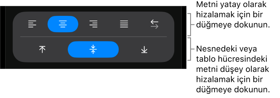 Metin için yatay ve düşey hizalama düğmeleri.