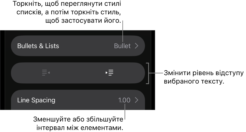 Розділ «Маркери і списки» елементів керування «Формат» з виносками на «Маркери і списки», кнопки виступів і відступів та елементи керування інтервалами.