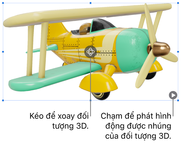 Đối tượng 3D với nút Xoay ở giữa đối tượng và nút Phát ở góc dưới bên phải.