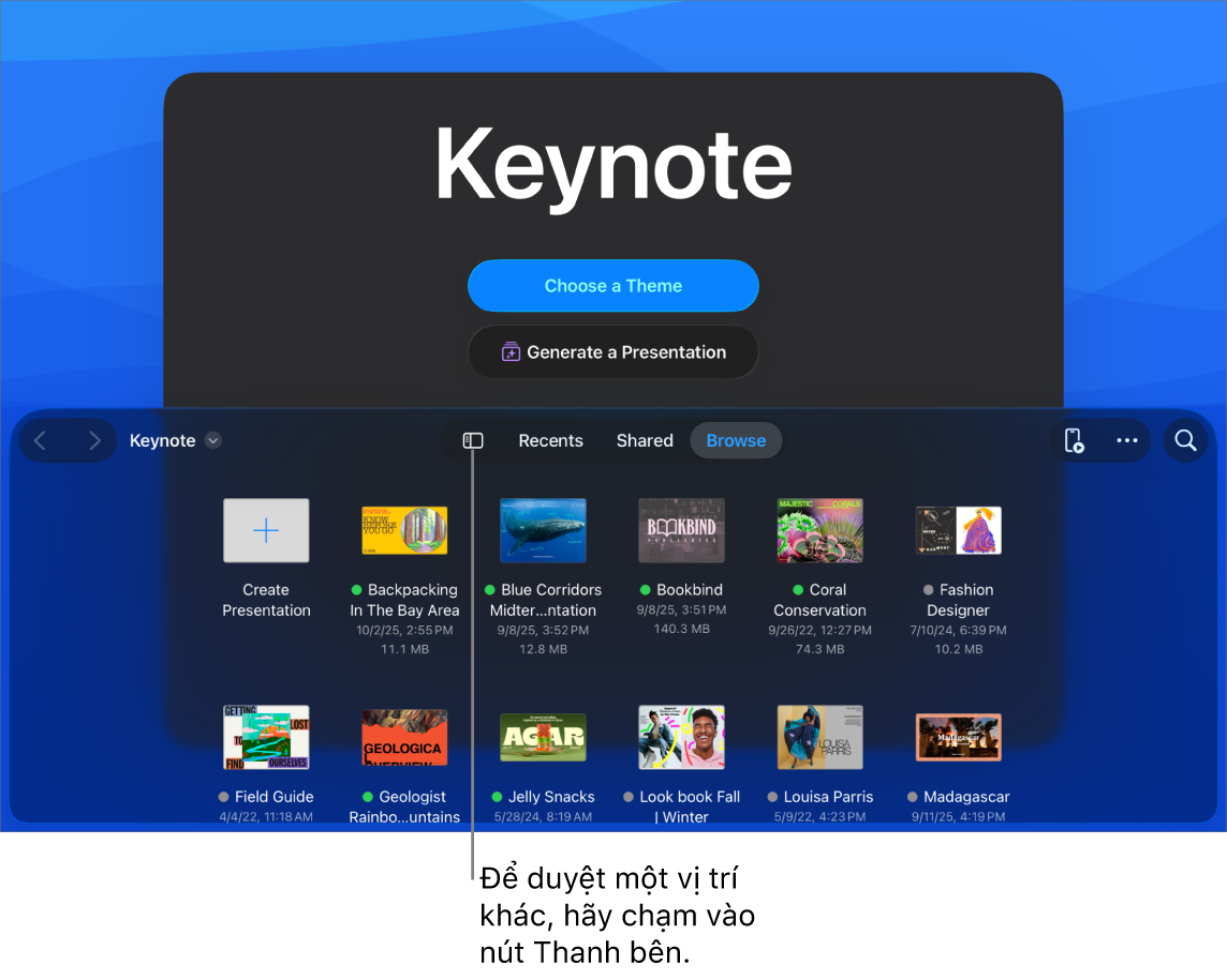 Trình quản lý tài liệu có các nút để chọn chủ đề và bắt đầu bài thuyết trình từ đề cương ở nửa trên màn hình và trình duyệt tài liệu với bài thuyết trình được chia sẻ ở dưới cùng.