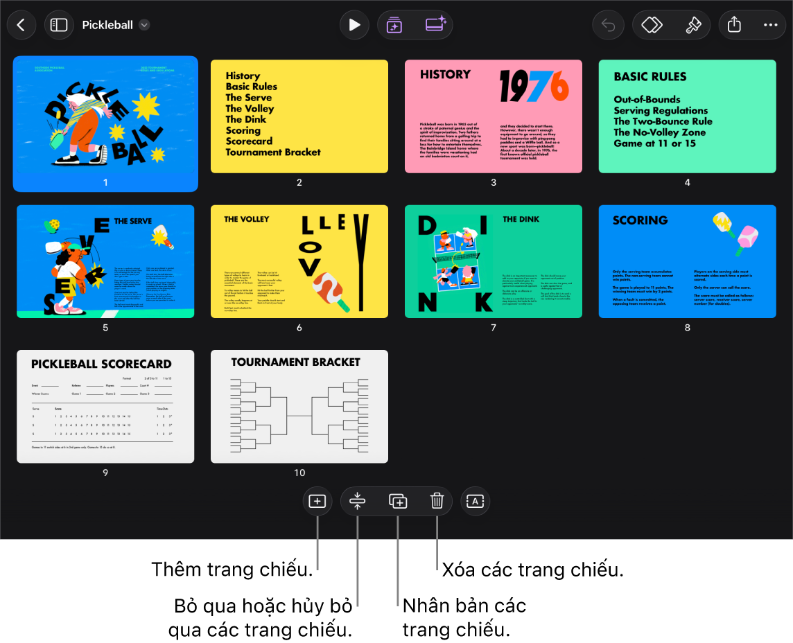 Bảng hình thu nhỏ với các nút ở cuối màn hình để thêm, bỏ qua, nhân bản và xóa các trang chiếu cũng như để chọn nhiều trang chiếu.