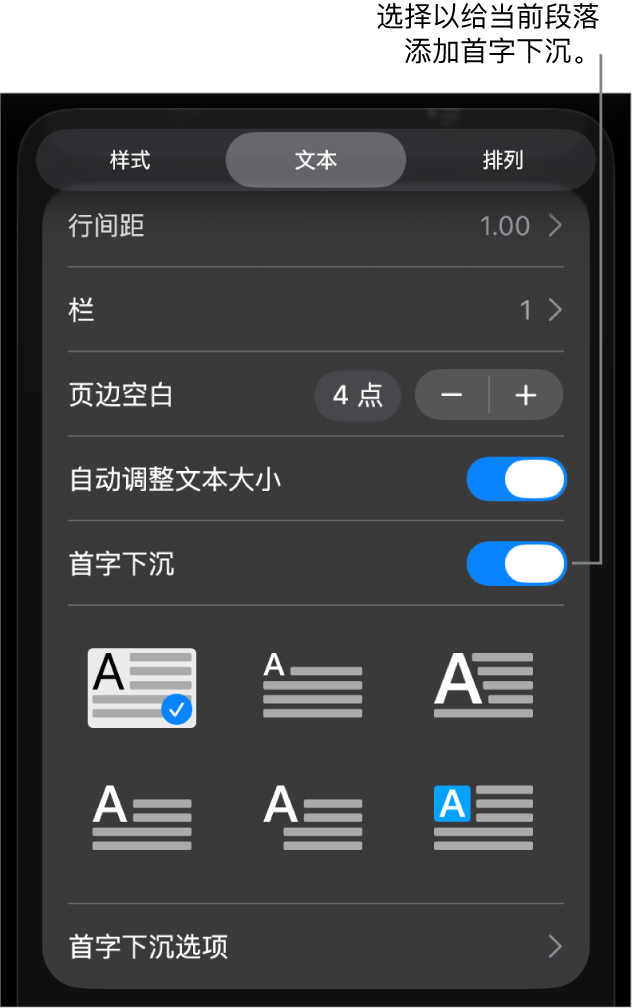 位于“文本”菜单中的“首字下沉”控制。