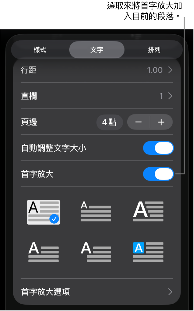 「首字放大」控制項目位於「文字」選單中。